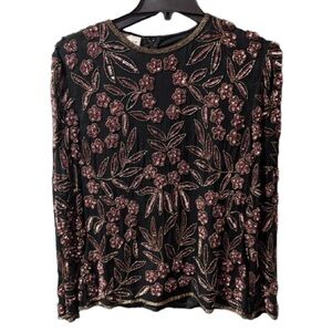 Vintage Stenay Silk Long-Sleeve Top with Rose Gold Floral Sequin Embroidery
